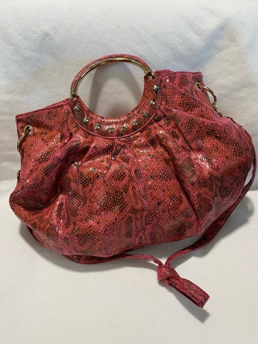 Charming Charlie Pink Snakeskin-Print Hobo with Gold Ring Handles